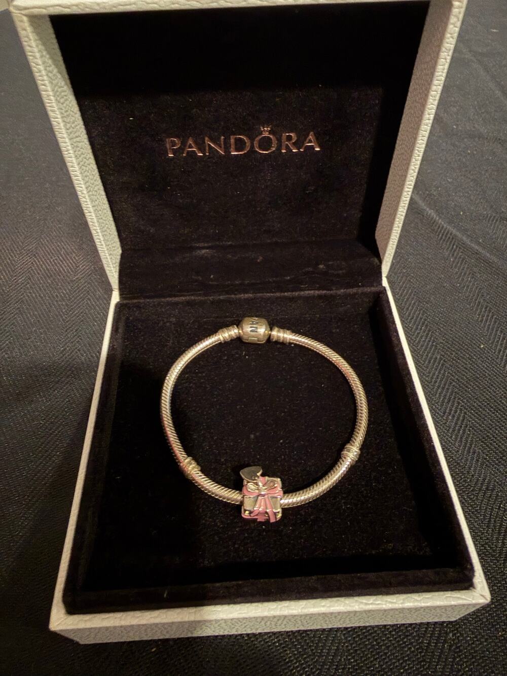 Pandora Sterling Silver Pink Enamel Present Gift Charm Bracelet + Box